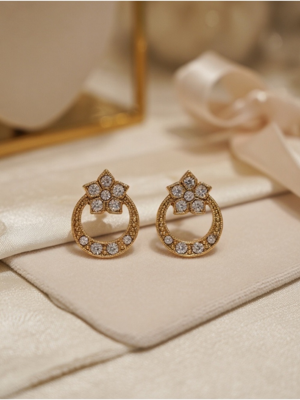 Vintage 1928 Gold Tone Rhinestone Drop Earrings Victorian Edwardian Style